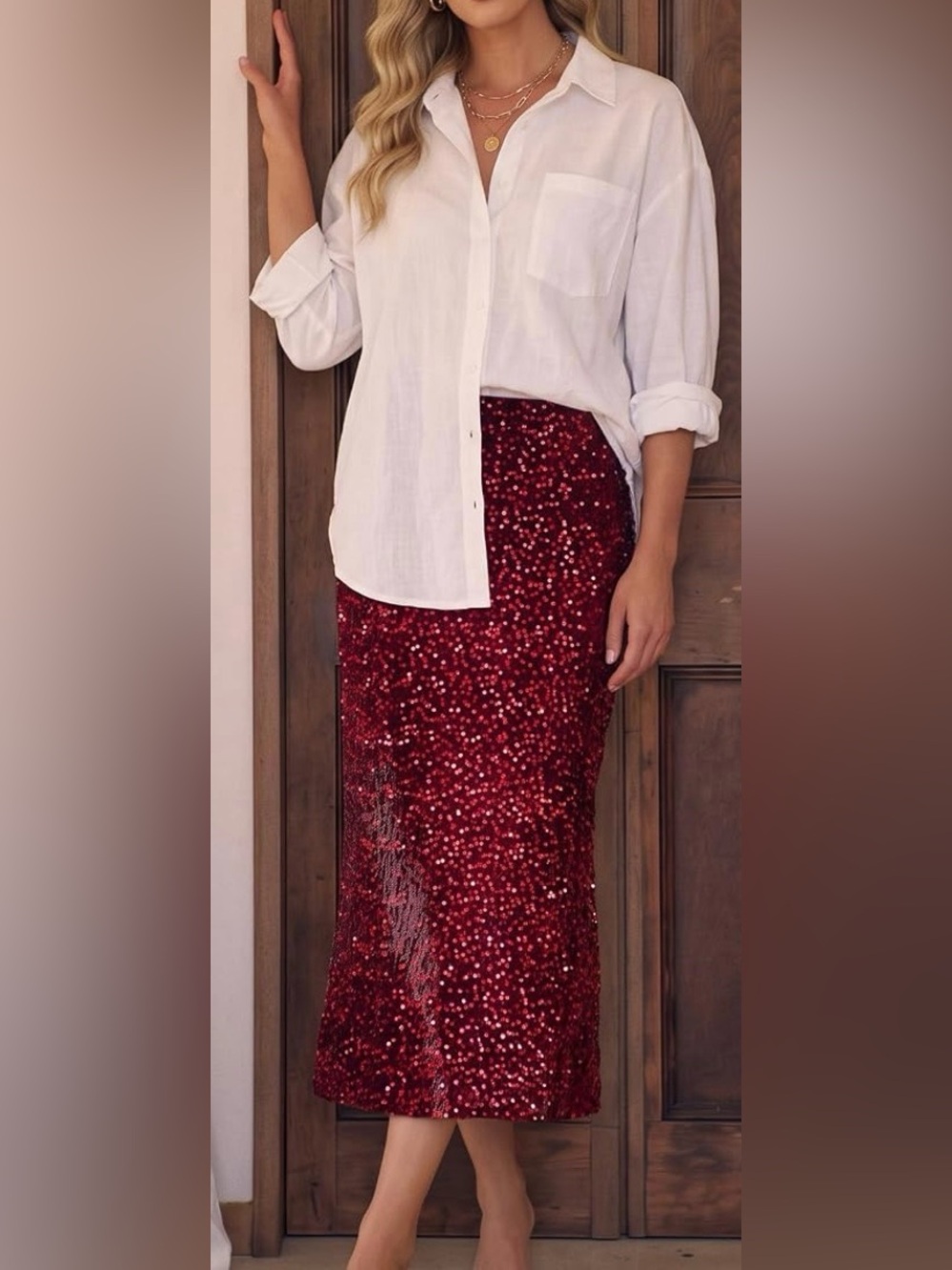 Women’s Burgundy Sequin Midi Skirt